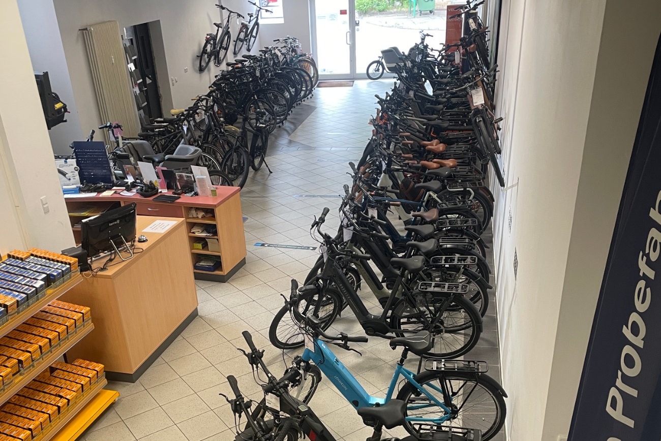 Ladenansicht aufgereihter Fahrräder und Verkaufstheke